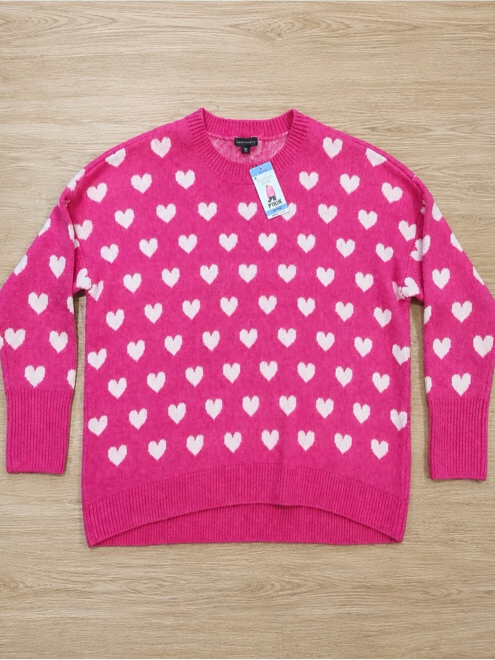 Vince Camuto Hot Pink Crewneck Sweater with White Heart Pattern